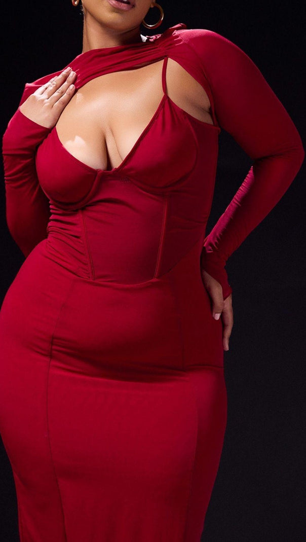 AIIZIE LONG SLEEVE MIDI DRESS IN WINE RED - product image