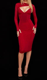 LONG SLEEVE MIDI DRESS IN WINE RED