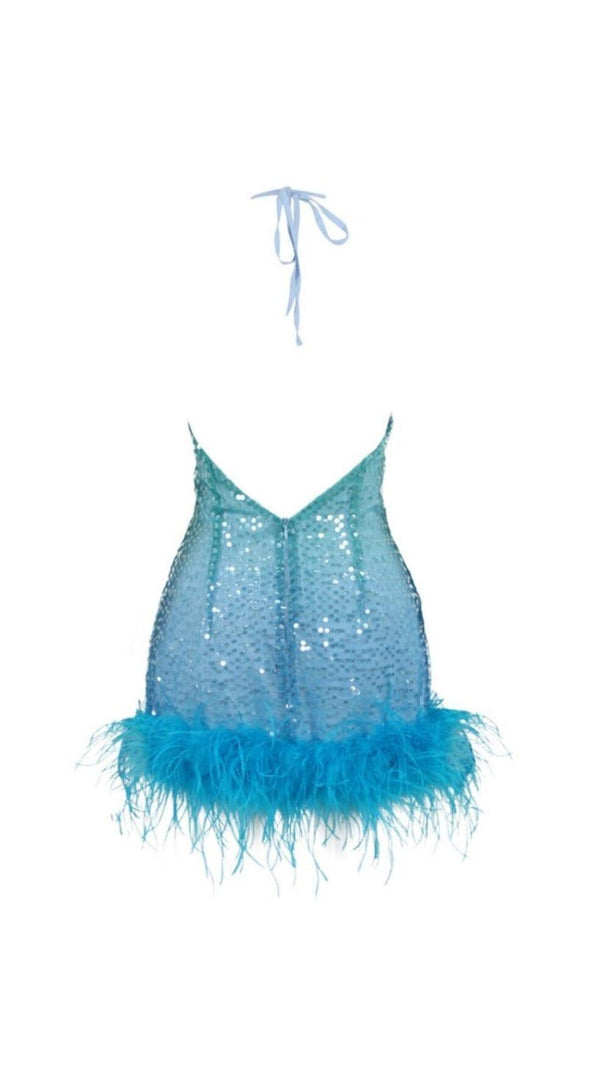 AIIZIE TURQUOISE JEWEL SEQUIN FEATHER MINI DRESS - product image