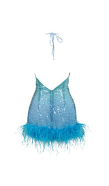 TURQUOISE JEWEL SEQUIN FEATHER MINI DRESS