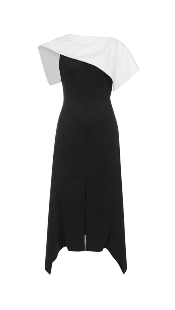 Schwarzes, ärmelloses, rückenfreies Midikleid mit Schmucksteinausschnitt und Schlitz vorn