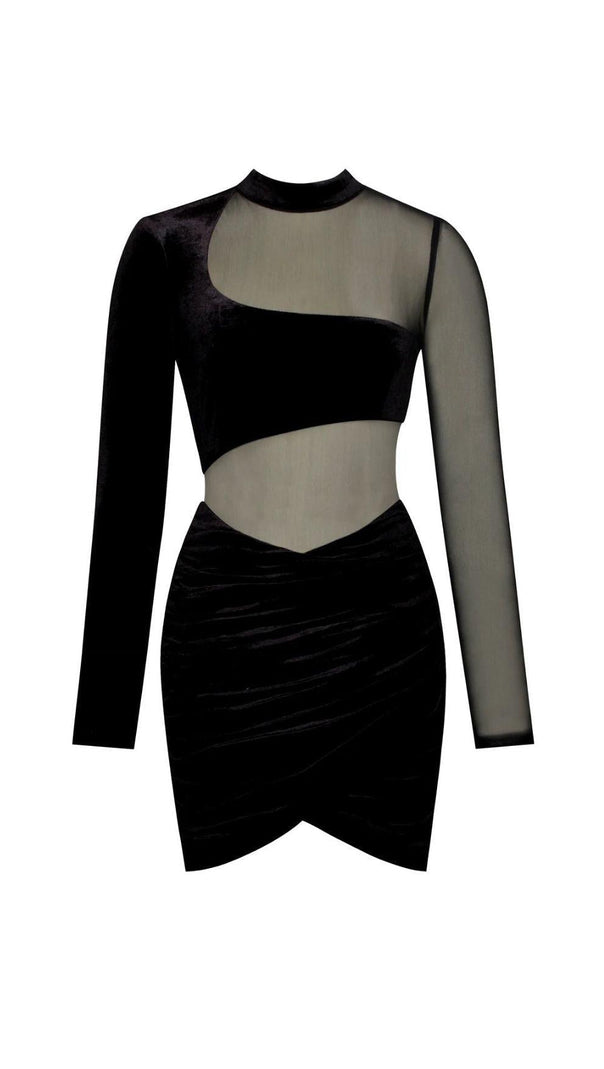 AIIZIE VELVET MESH LONG SLEEVE DRESS IN BLACK - product image