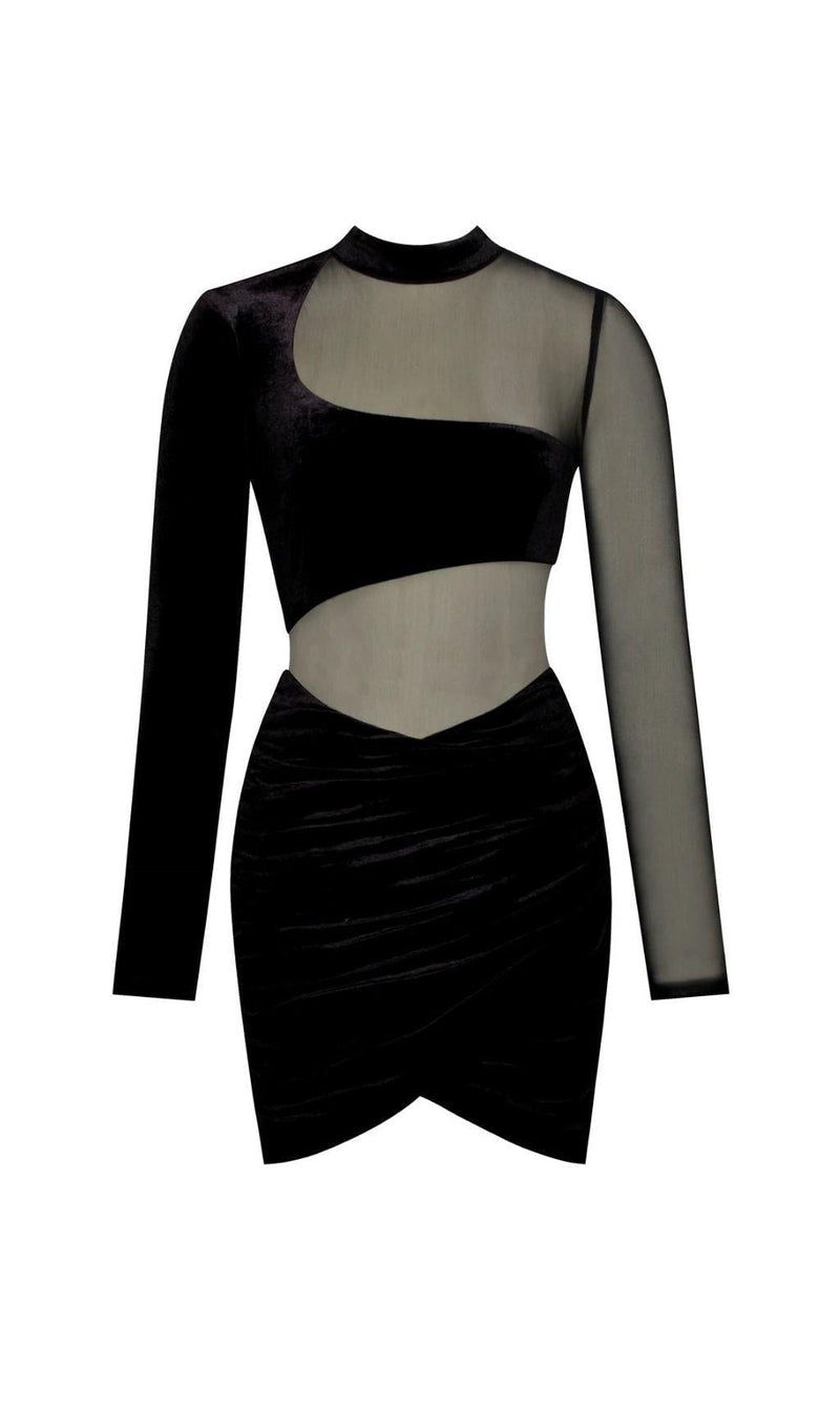 VELVET MESH LONG SLEEVE DRESS IN BLACK