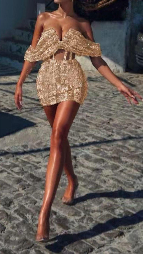 AIIZIE GOLD SEQUIN STRAPLESS MINI DRESS - product image