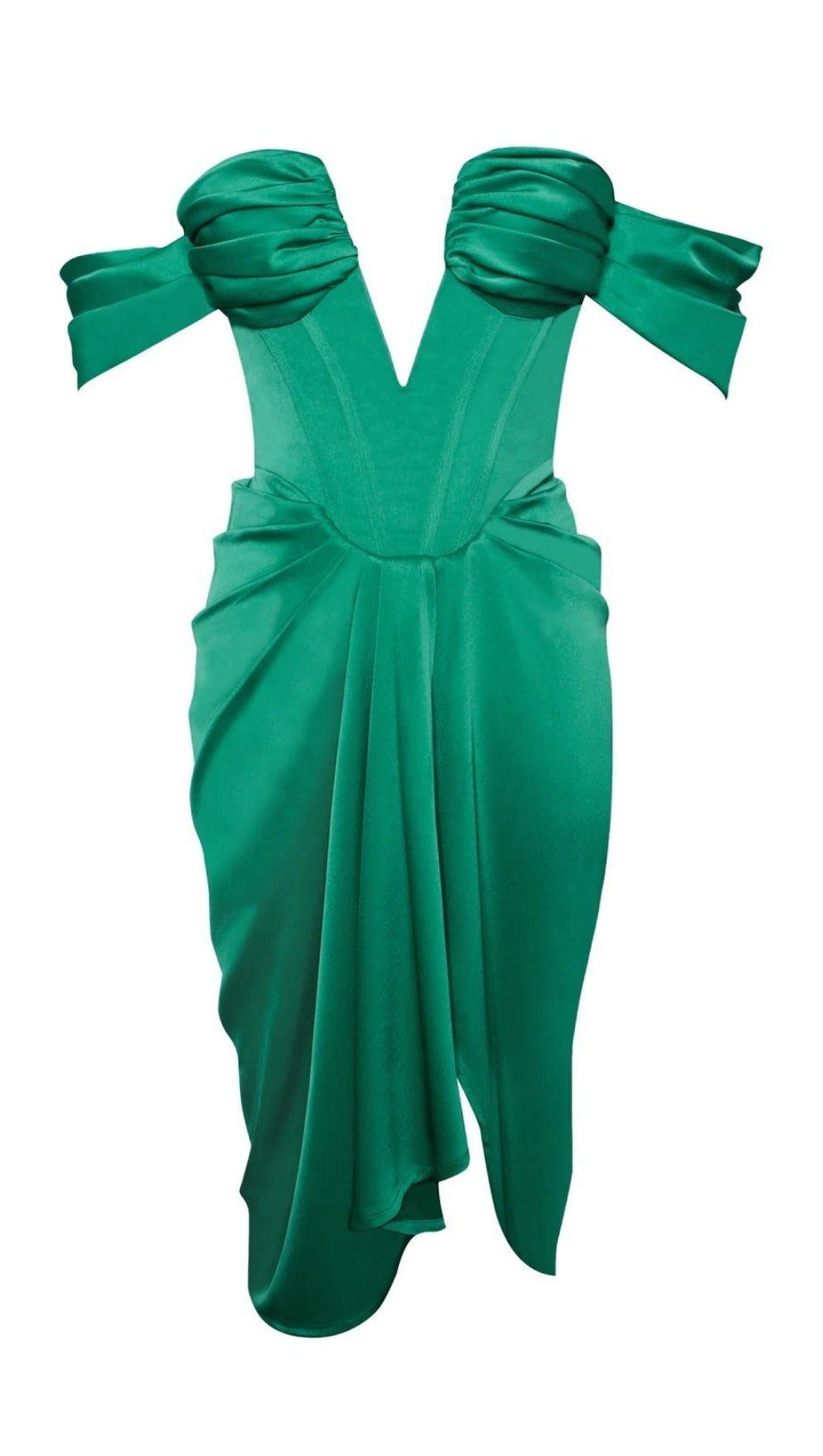 OFF SHOULDER SATIN CORSET MIDI DRESS IN GREEN