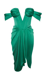 OFF SHOULDER SATIN CORSET MIDI DRESS IN GREEN