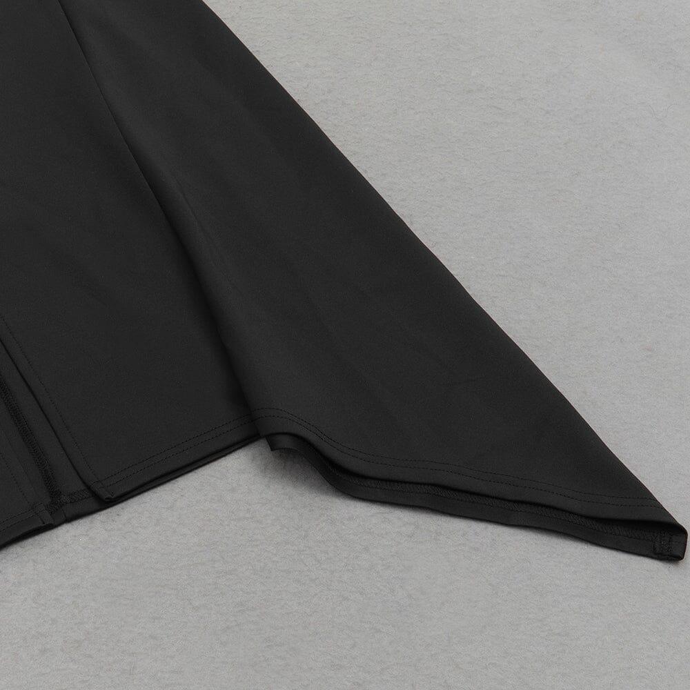 Schwarzes, ärmelloses, rückenfreies Midikleid mit Schmucksteinausschnitt und Schlitz vorn