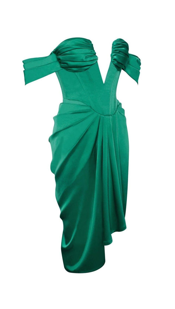 OFF-SHOULDER-MIDIKLEID AUS SATIN-KORSETT IN GRÜN