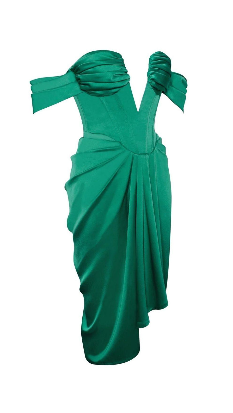 OFF SHOULDER SATIN CORSET MIDI DRESS IN GREEN