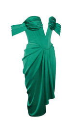 OFF SHOULDER SATIN CORSET MIDI DRESS IN GREEN