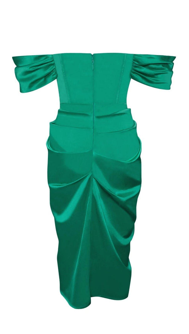 OFF-SHOULDER-MIDIKLEID AUS SATIN-KORSETT IN GRÜN