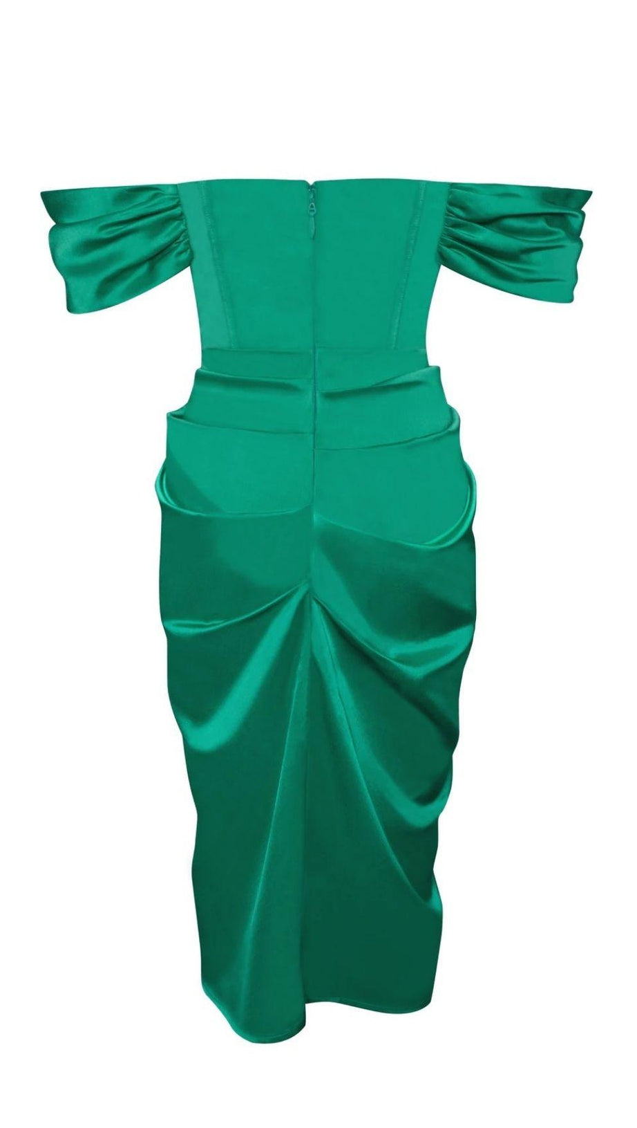 OFF SHOULDER SATIN CORSET MIDI DRESS IN GREEN