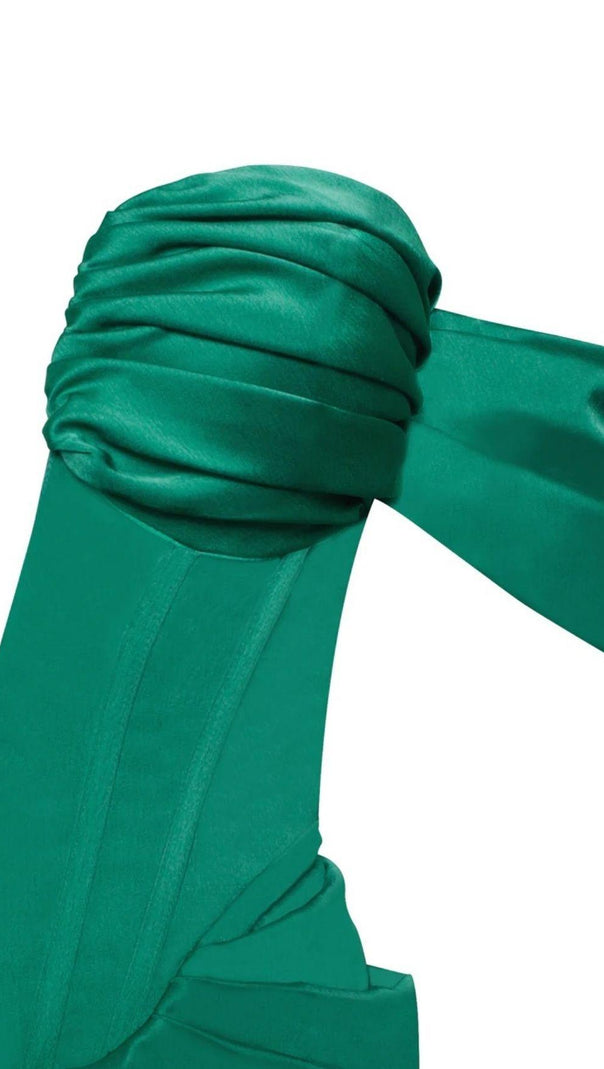 OFF-SHOULDER-MIDIKLEID AUS SATIN-KORSETT IN GRÜN