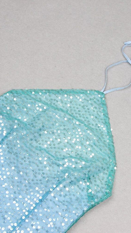 MINI ABITO CON PIUME, PAILLETTES E GIOIELLI TURCHESI