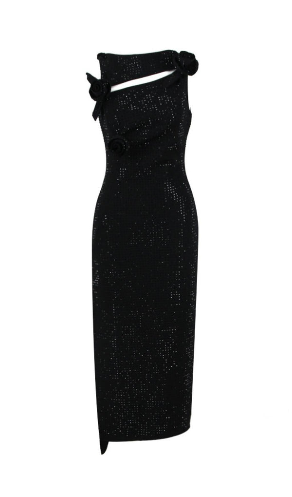 BLACK FLOWER EMBELLISHED SPARKLY MIDI DRESS