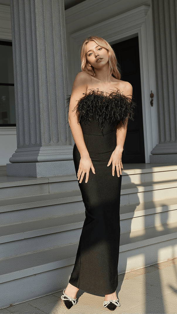 AIIZIE MINA STRAPLESS FEATHER TRIMMED BANDAGE DRESS - product image