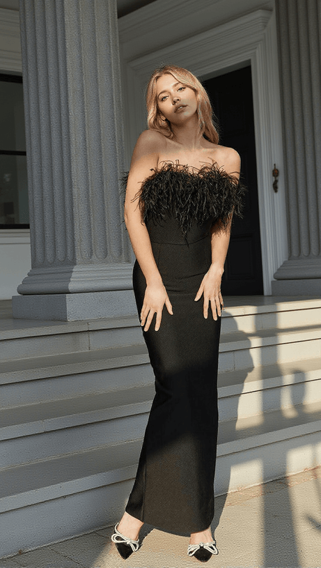 MINA STRAPLESS FEATHER TRIMMED BANDAGE DRESS