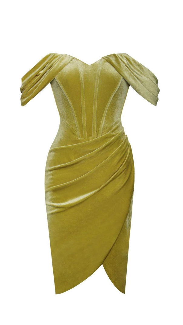AIIZIE VELVET OFF SHOULDER CORSET DRESS IN GOLD - product image