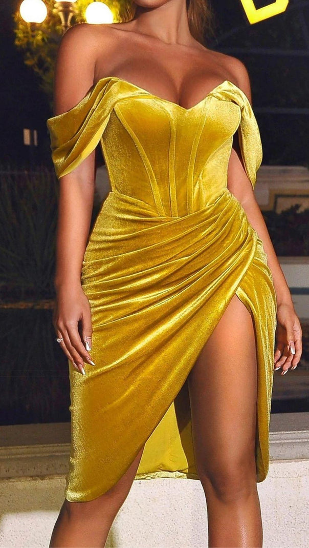 AIIZIE VELVET OFF SHOULDER CORSET DRESS IN GOLD - product image