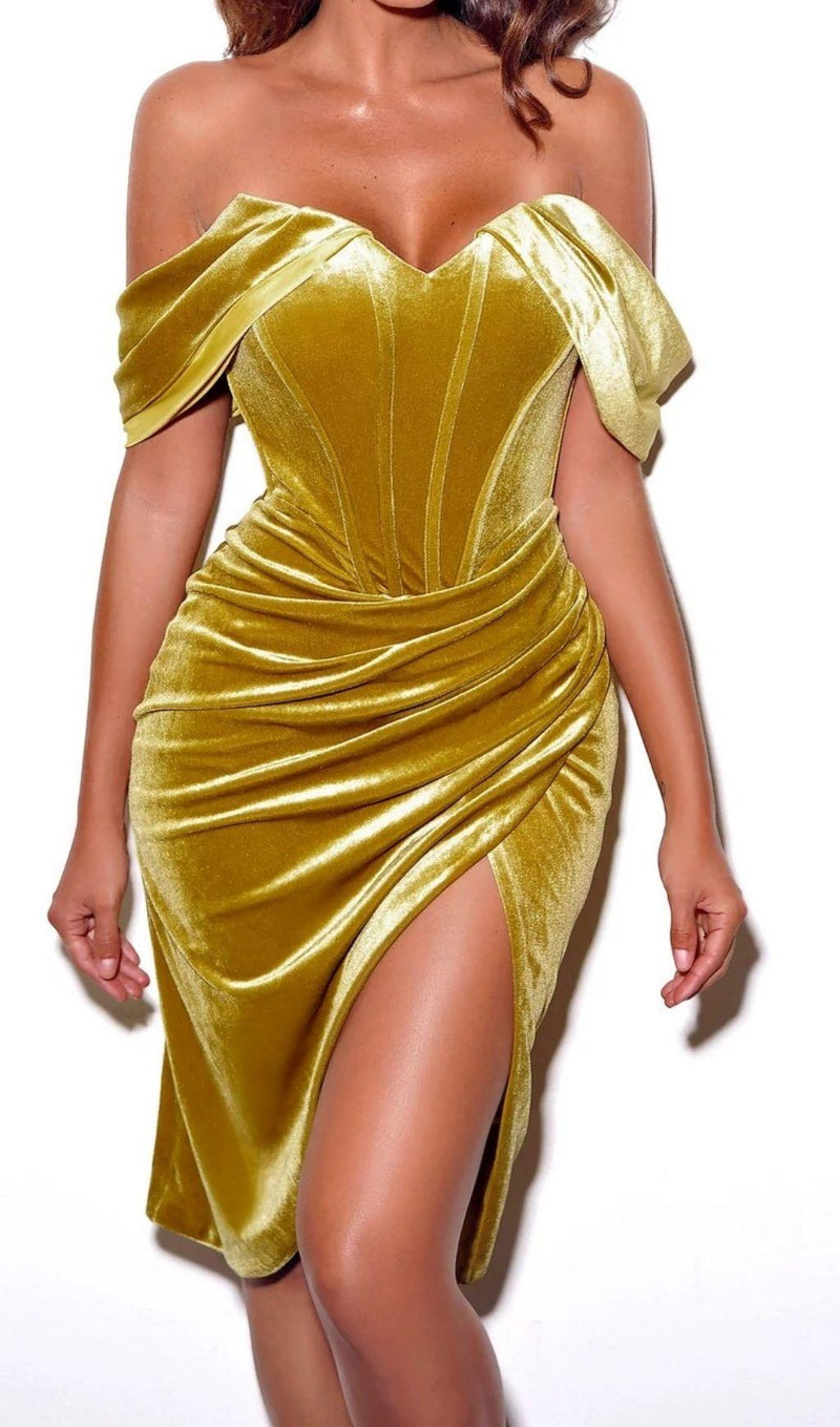 VELVET OFF SHOULDER CORSET DRESS IN GOLD