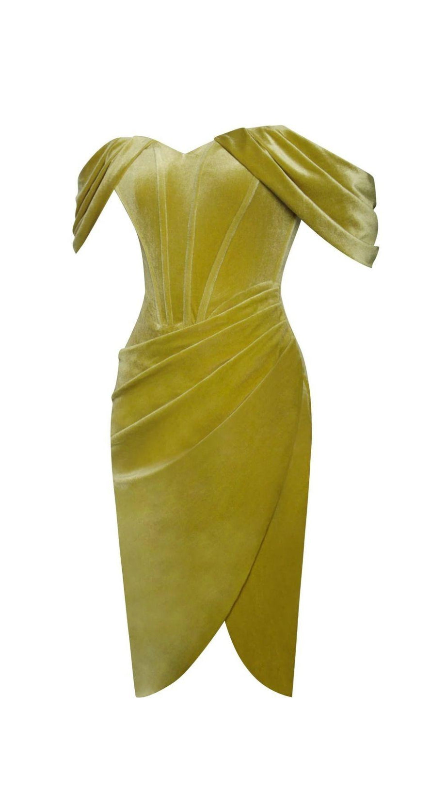 VELVET OFF SHOULDER CORSET DRESS IN GOLD