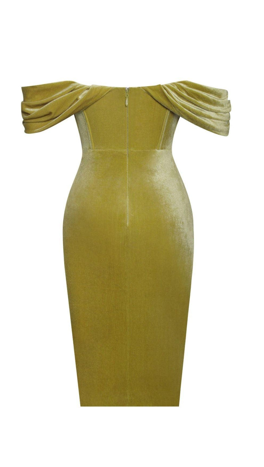 VELVET OFF SHOULDER CORSET DRESS IN GOLD