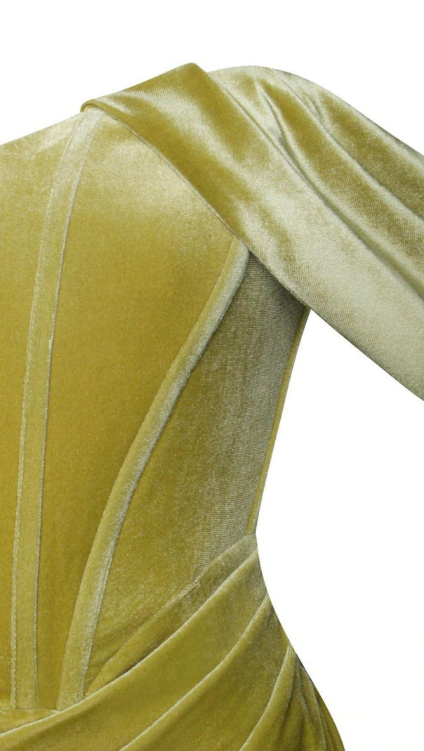 Velvet Off Shoulder Corset Dress in Gold