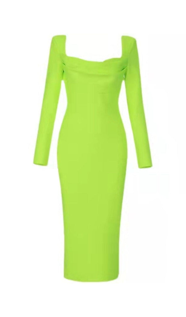 BANDAGE LONG SLEEVE MIDI DRESS IN FLUORESCENT GREEN