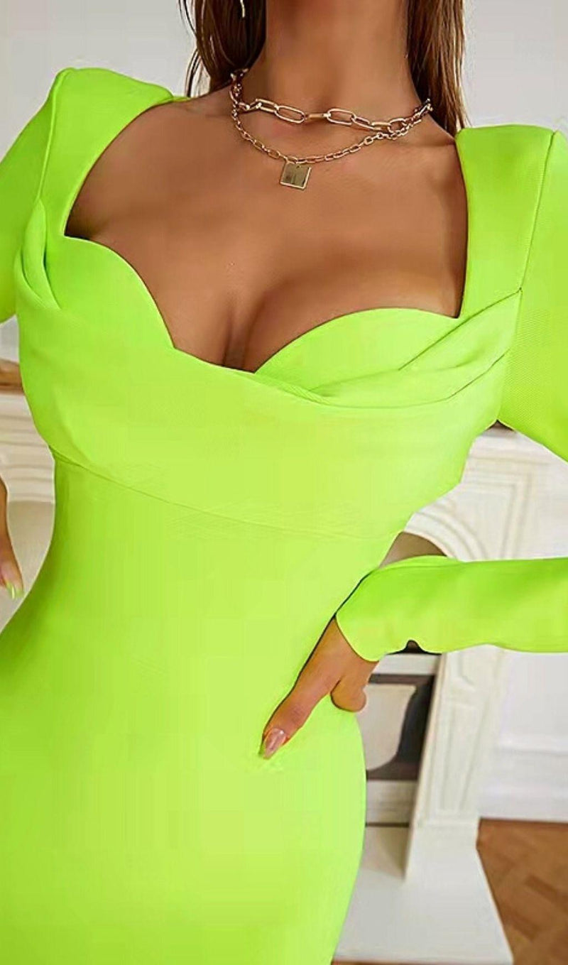 BANDAGE LONG SLEEVE MIDI DRESS IN FLUORESCENT GREEN