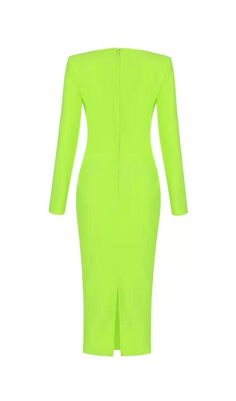 BANDAGE LONG SLEEVE MIDI DRESS IN FLUORESCENT GREEN