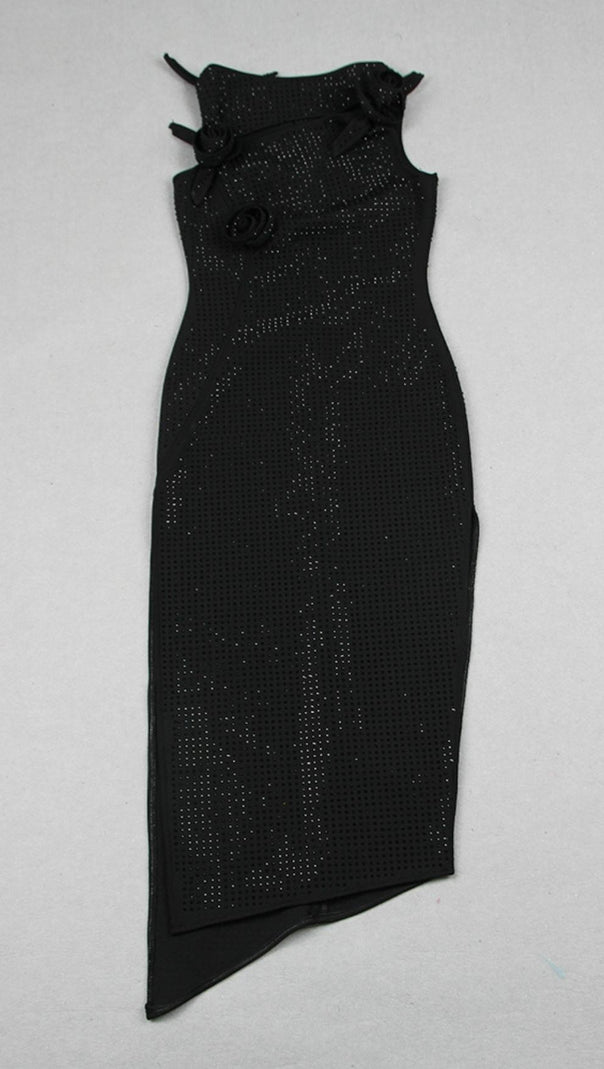 AIIZIE BLACK FLOWER EMBELLISHED SPARKLY MIDI DRESS - product image