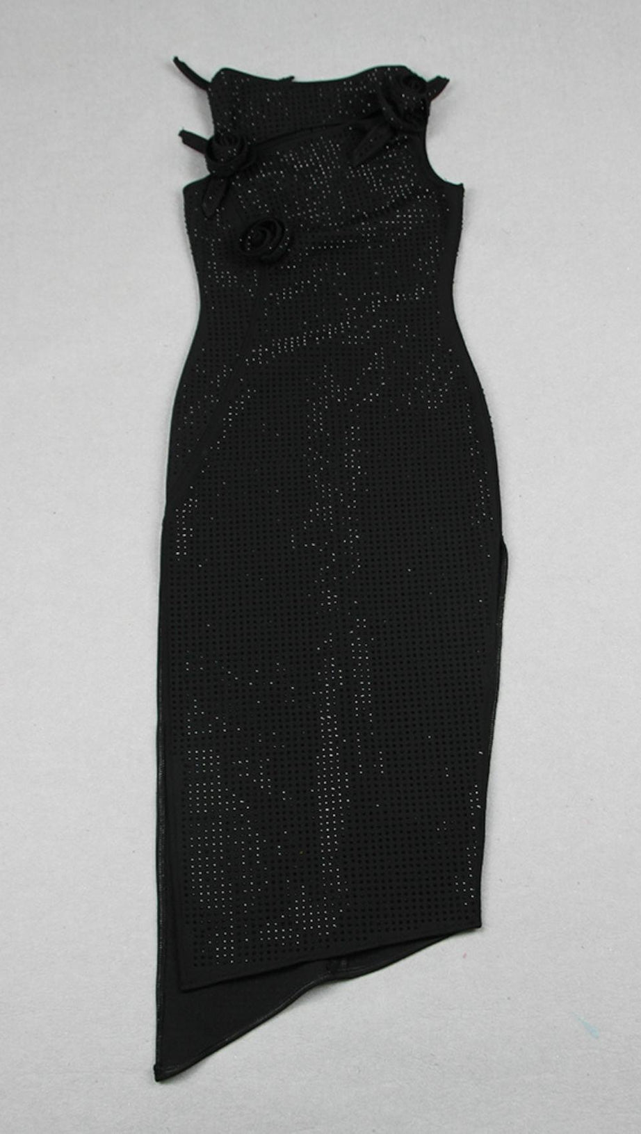 BLACK FLOWER EMBELLISHED SPARKLY MIDI DRESS