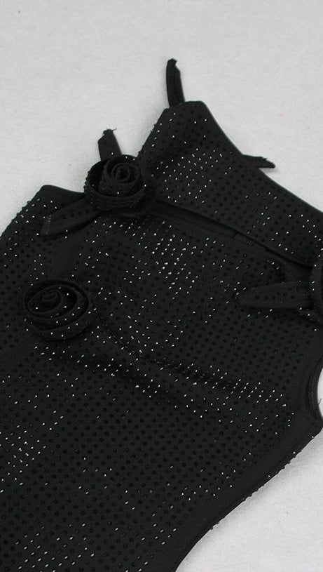 BLACK FLOWER EMBELLISHED SPARKLY MIDI DRESS