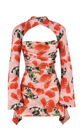 ROSE PRINT CUT OUT DRAPED MINI DRESS