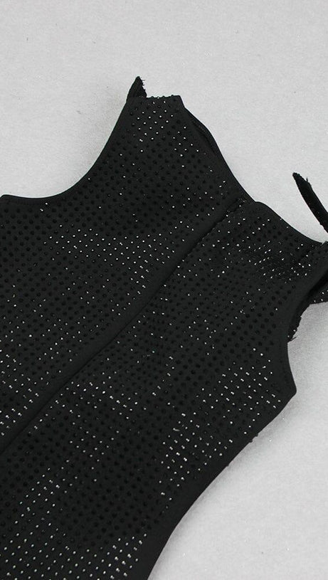 BLACK FLOWER EMBELLISHED SPARKLY MIDI DRESS