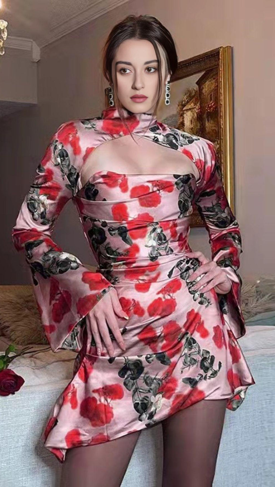 ROSE PRINT CUT OUT DRAPED MINI DRESS