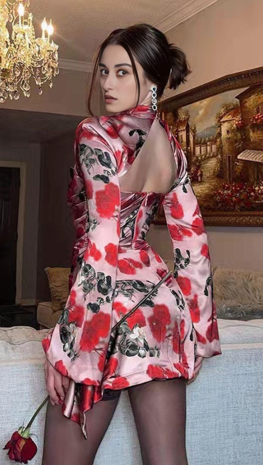 ROSE PRINT CUT OUT DRAPED MINI DRESS