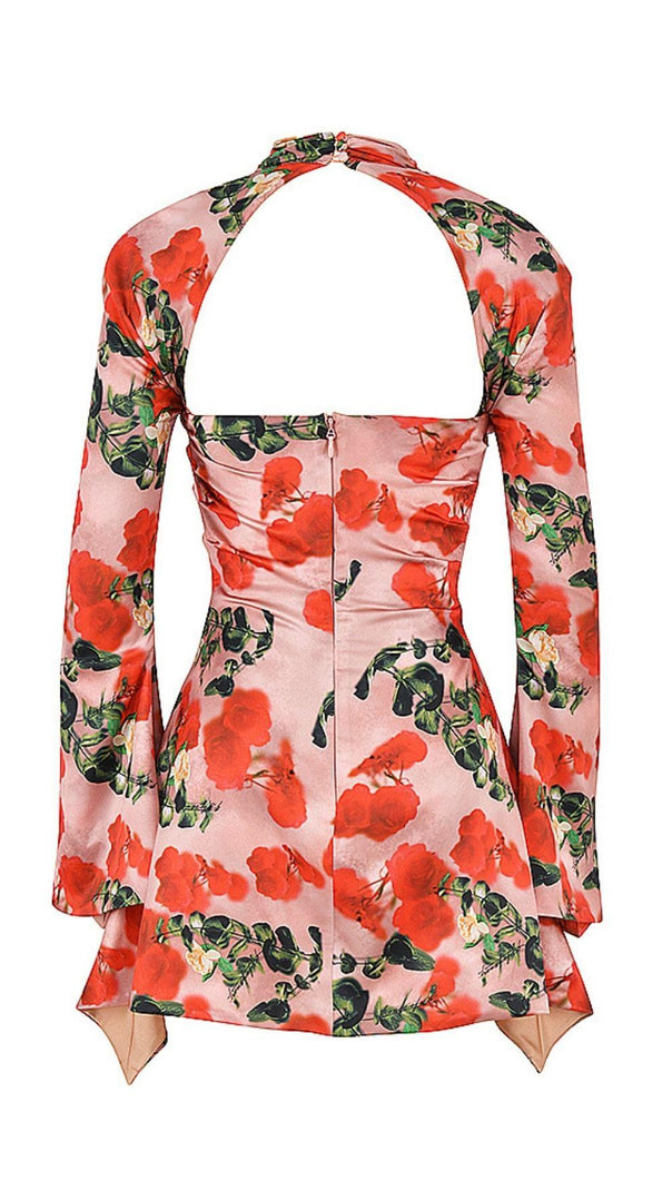 MINI ABITO DRAPPEGGIATO CON STAMPA A ROSE E TAGLIO