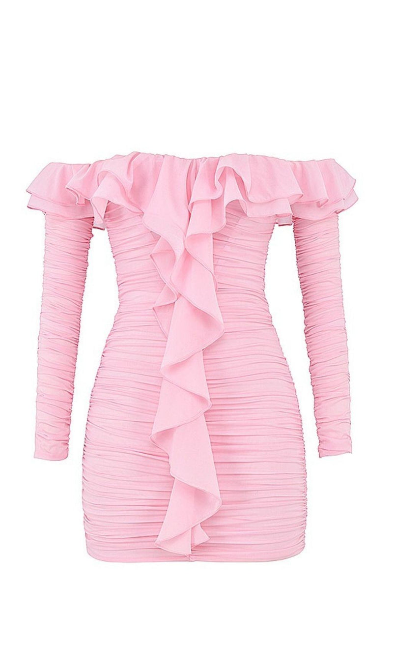 STRAPLESS RUCHED MINI DRESS IN PINK