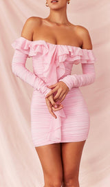 STRAPLESS RUCHED MINI DRESS IN PINK