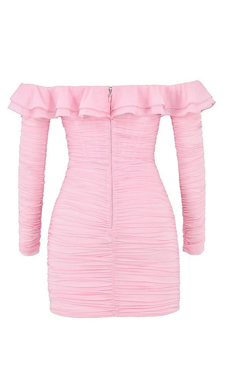 STRAPLESS RUCHED MINI DRESS IN PINK