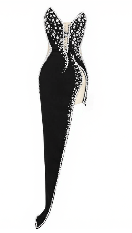 Sabine – Trägerloses, verziertes Bandage-Kleid in Schwarz