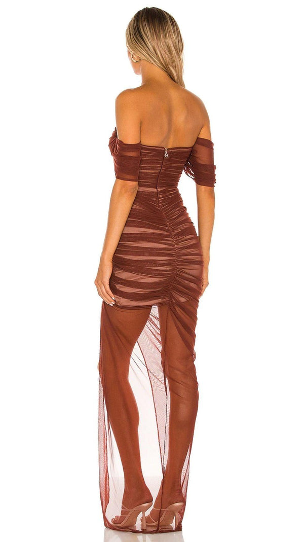 AIIZIE STRAPLESS BANDAGE RUCHED MAXI DRESS IN BROWN - product image