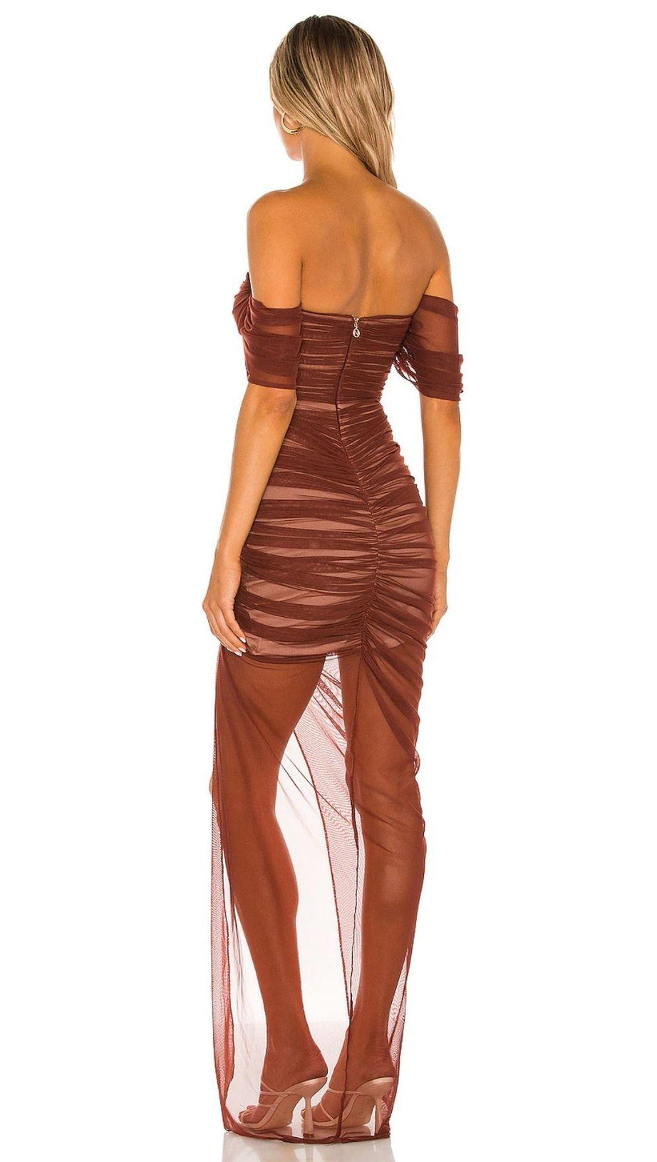 STRAPLESS BANDAGE RUCHED MAXI DRESS IN BROWN