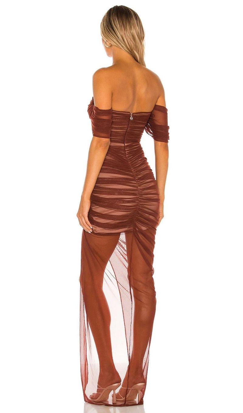 STRAPLESS BANDAGE RUCHED MAXI DRESS IN BROWN