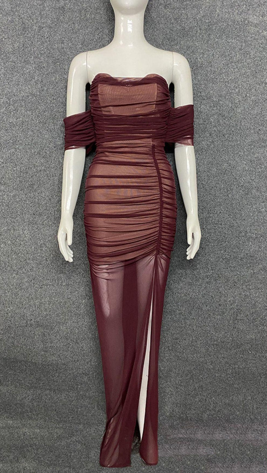 STRAPLESS BANDAGE RUCHED MAXI DRESS IN BROWN