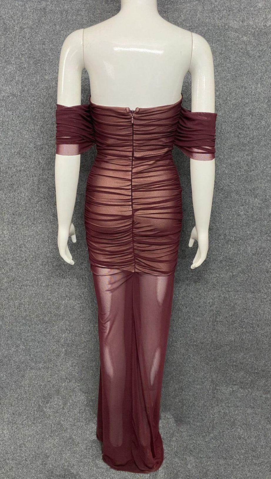 STRAPLESS BANDAGE RUCHED MAXI DRESS IN BROWN