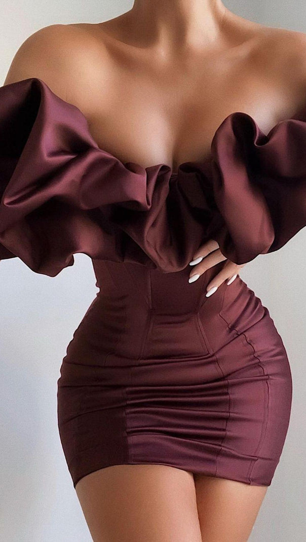 AIIZIE BURGUNDY SATIN RUFFLE STRAPLESS DRESS - product image
