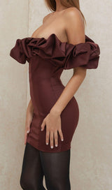 BURGUNDY SATIN RUFFLE STRAPLESS DRESS