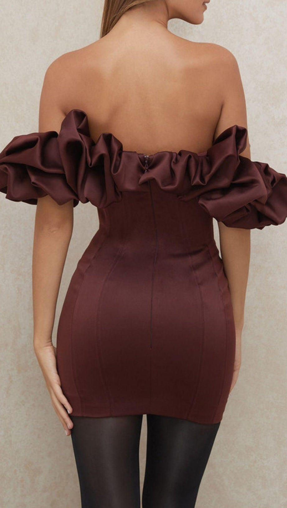 BURGUNDY SATIN RUFFLE STRAPLESS DRESS